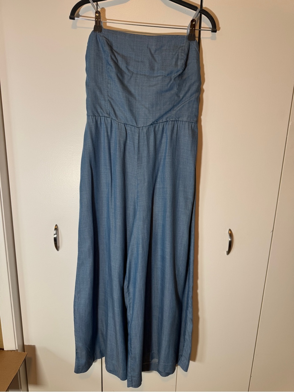 love, Fire Strapless Maxi Jumpsuit in Chambray Denim Blue
